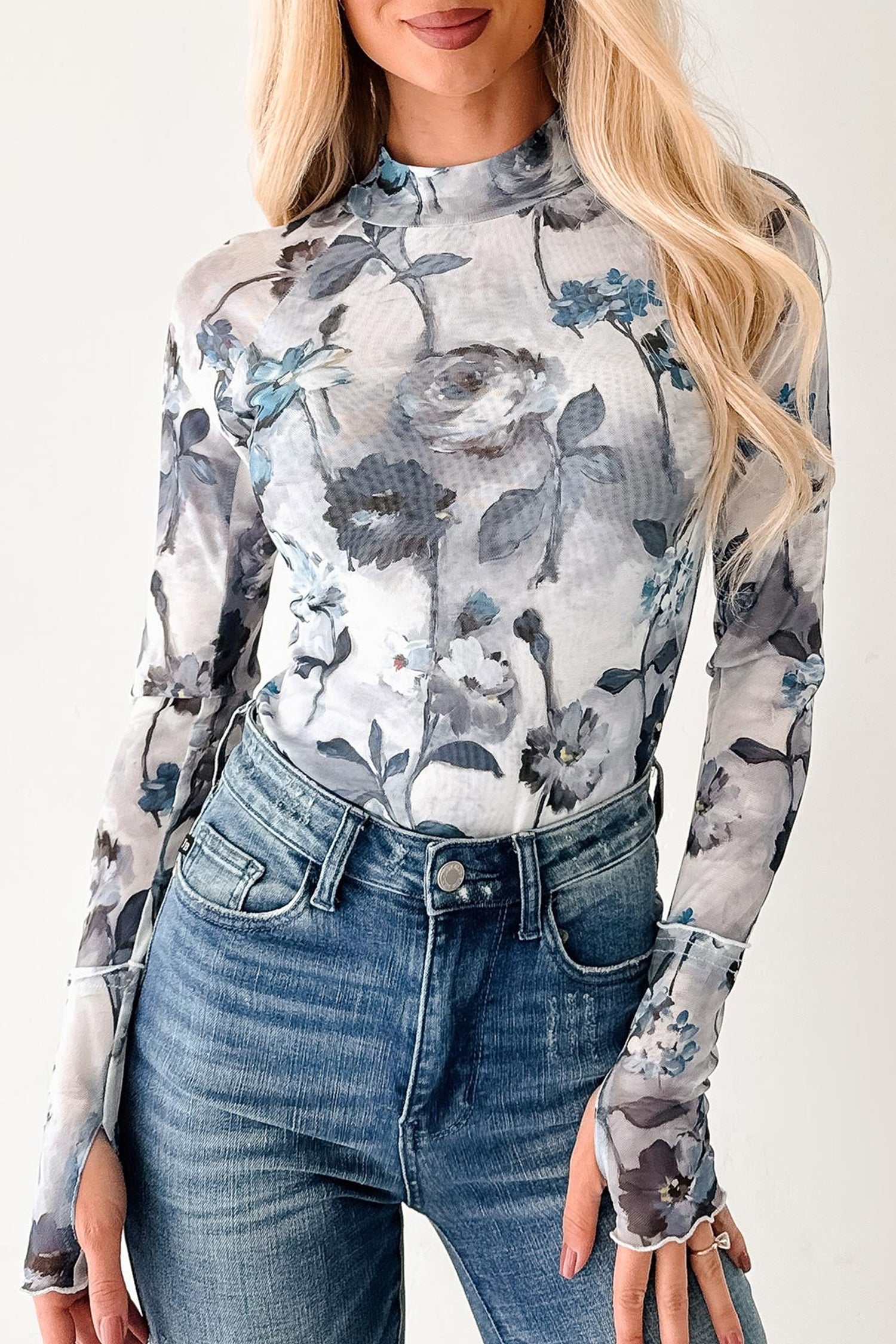 Sky Blue Floral Mesh Sheath Top