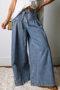 Sky Blue Stripe Button Pleated Drawstring Leg Jeans