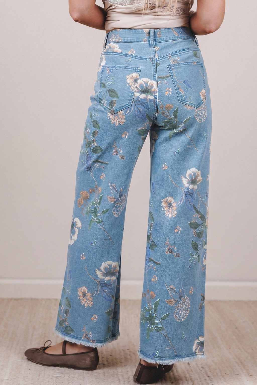 Sky Blue Retro Floral Print Jeans