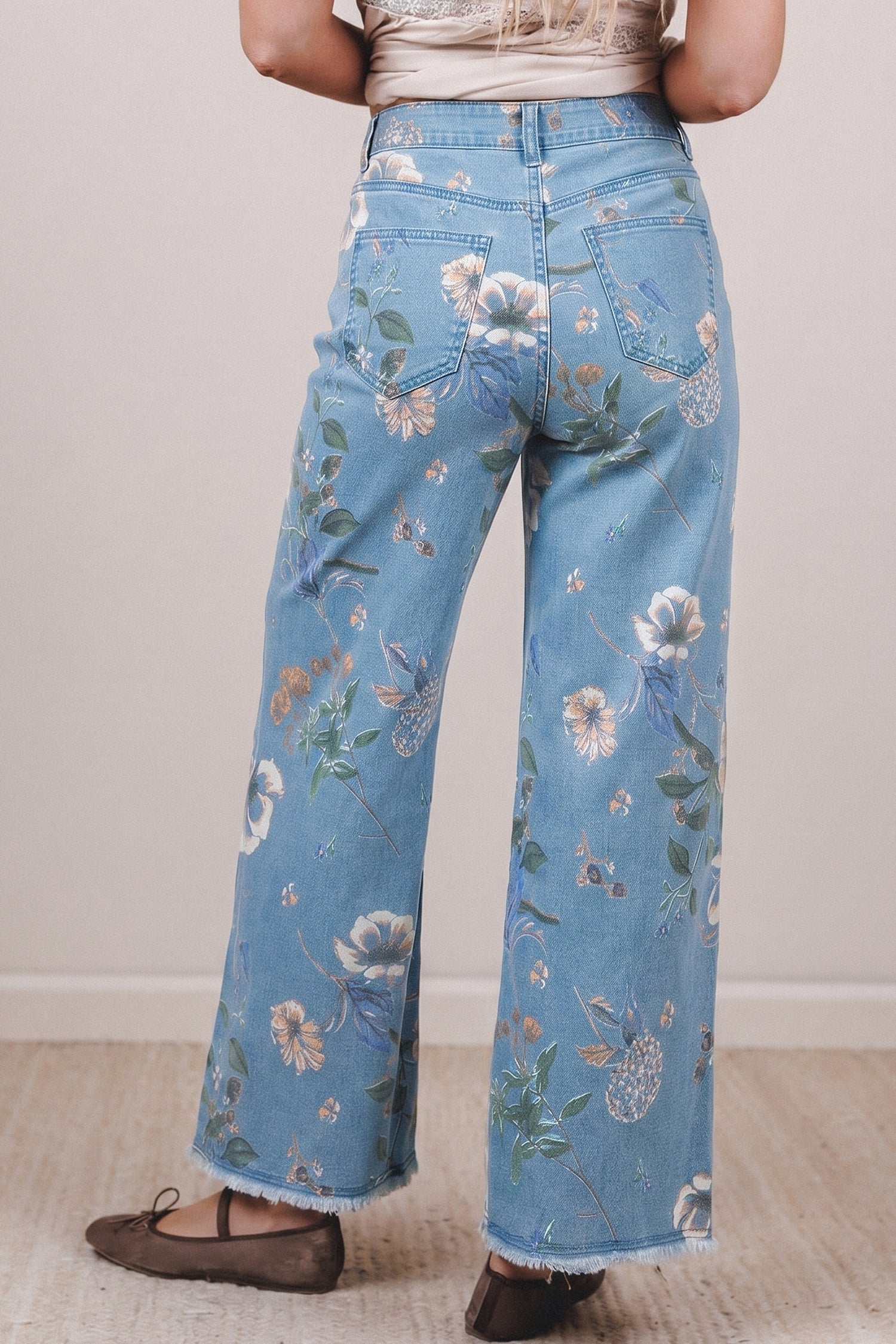 Sky Blue Retro Floral Print Jeans
