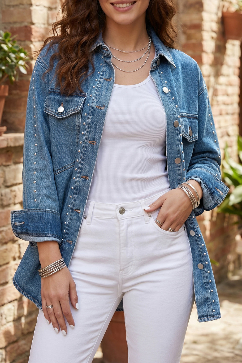 Sail Blue Rivet Embellished Western Style Long Sleeve Denim Jacket