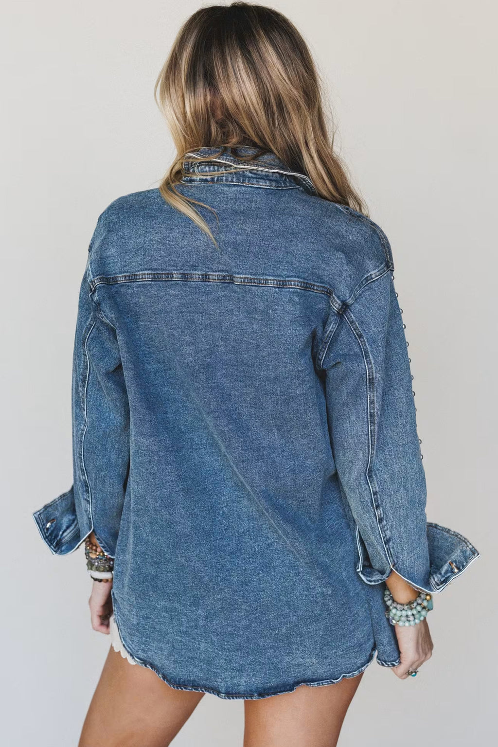 Sail Blue Rivet Embellished Western Style Long Sleeve Denim Jacket