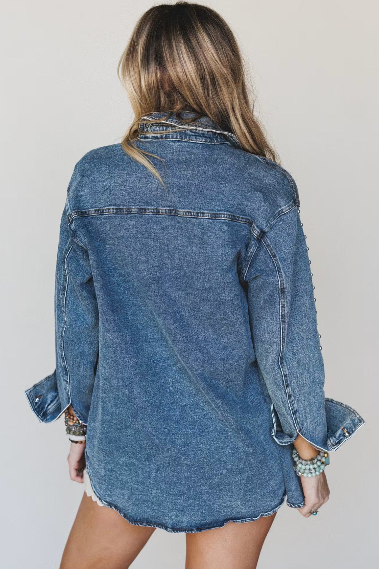 Sail Blue Rivet Embellished Western Style Long Sleeve Denim Jacket