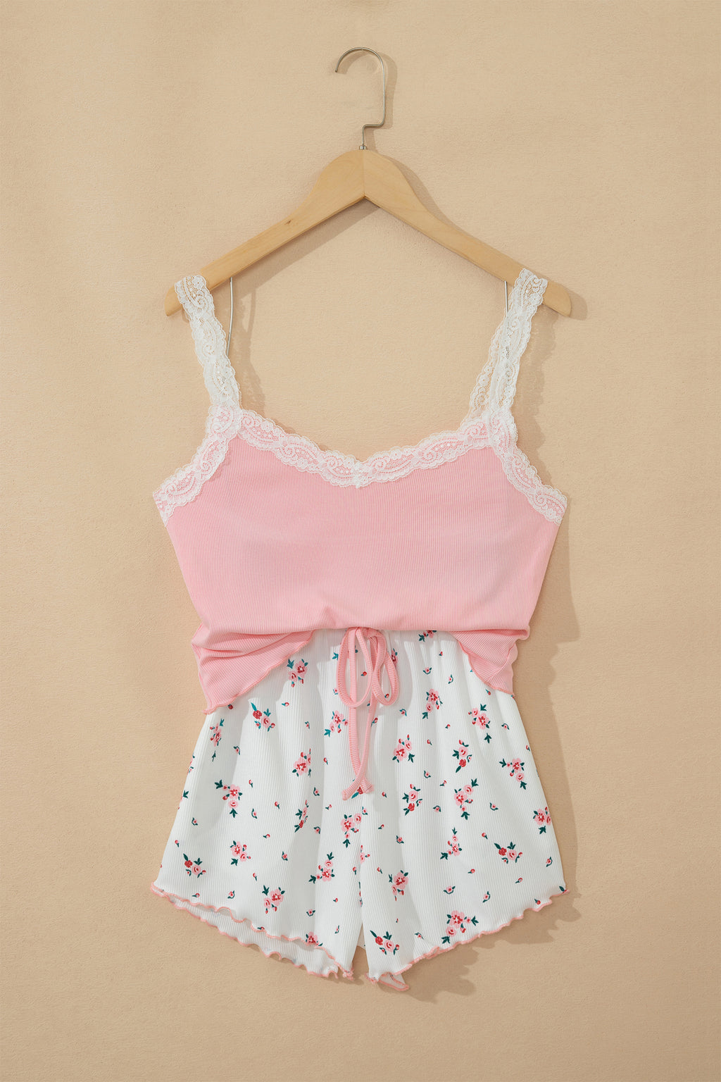 Pink Ribbed Knit Lace Straps Patchwork Lettuce Hem Cropped Top Floral Short Lounge Set