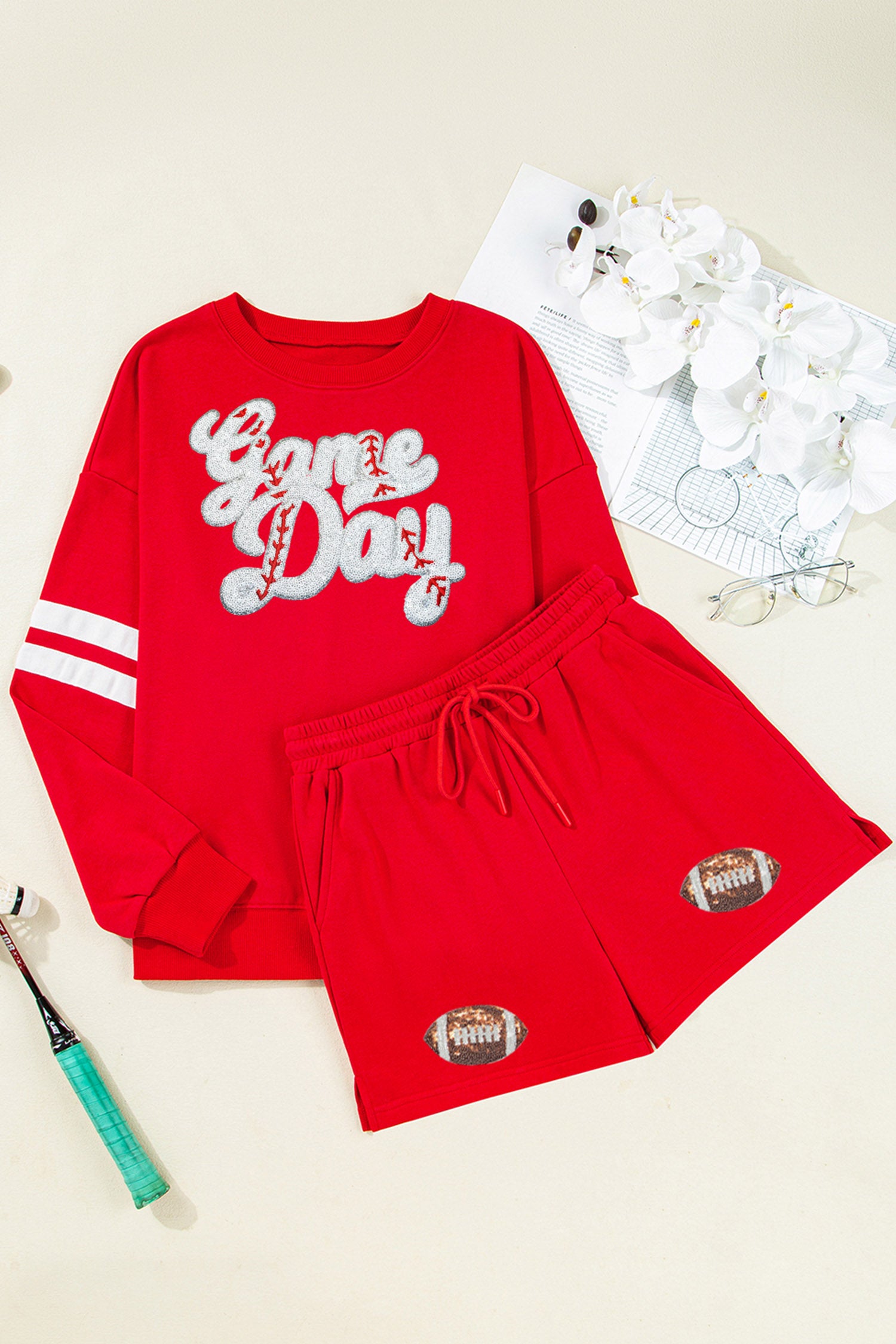 Fiery Red Glitter Game Day Football Graphic Two-Piece Set