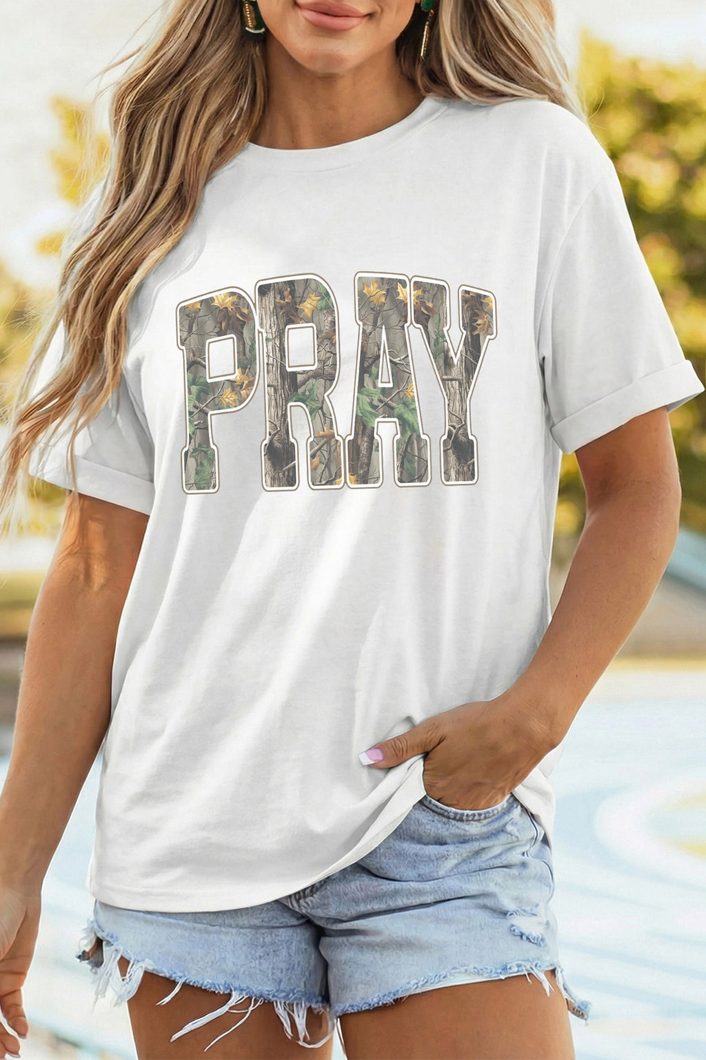 White PRAY Camo Letter Print Round Neck T Shirt