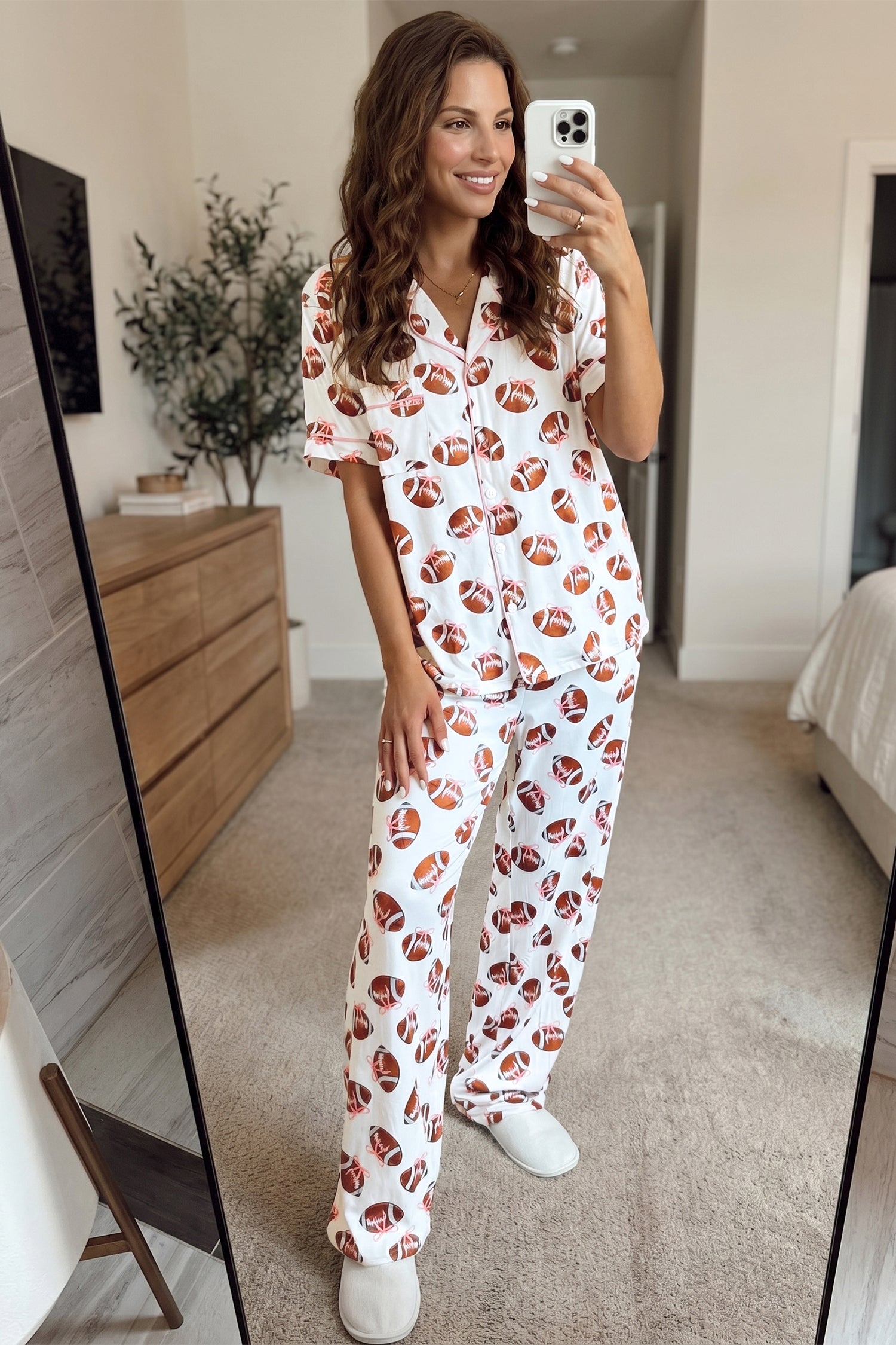 White Rugby Print Short Sleeve Pajama Set