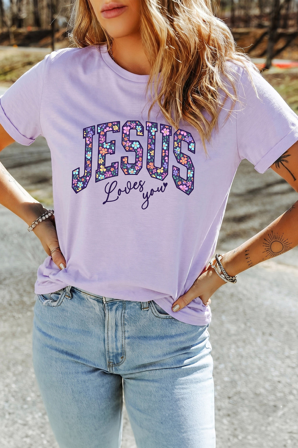Orchid Petal Christian Floral Letter Graphic T Shirt