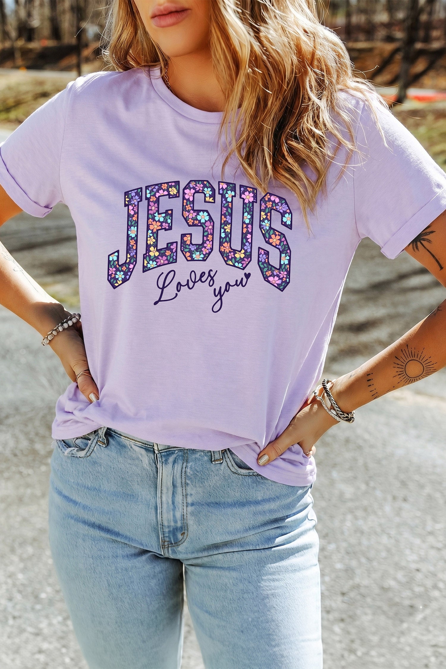 Orchid Petal Christian Floral Letter Graphic T Shirt