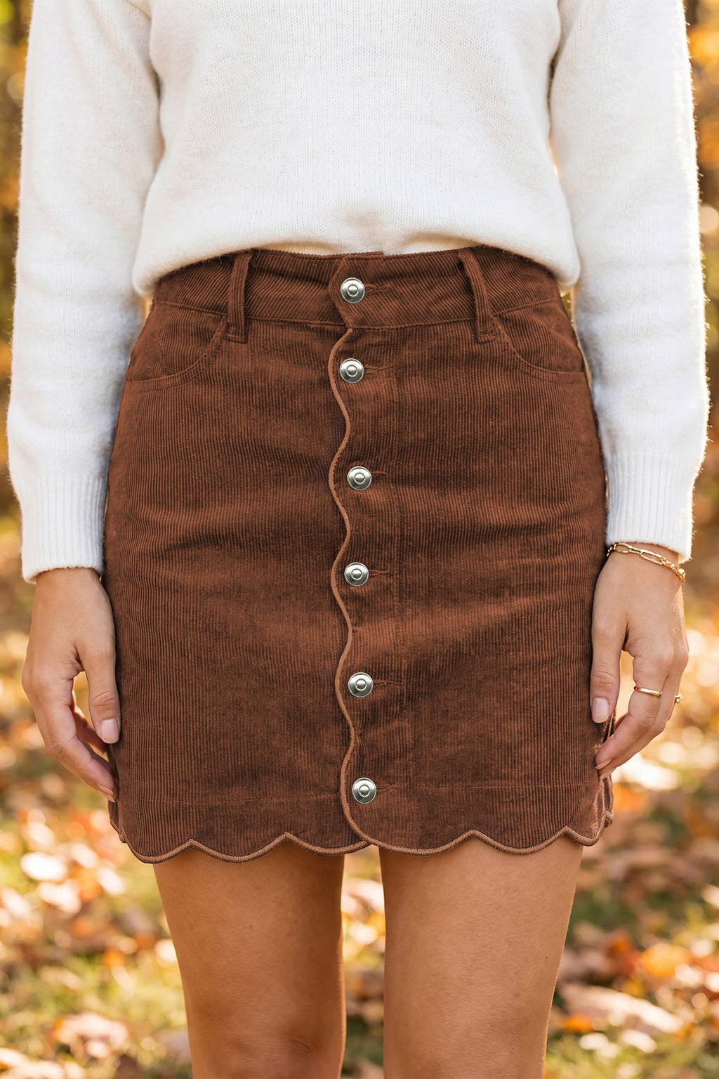 Coffee Button Front Corduroy Mini Skirt