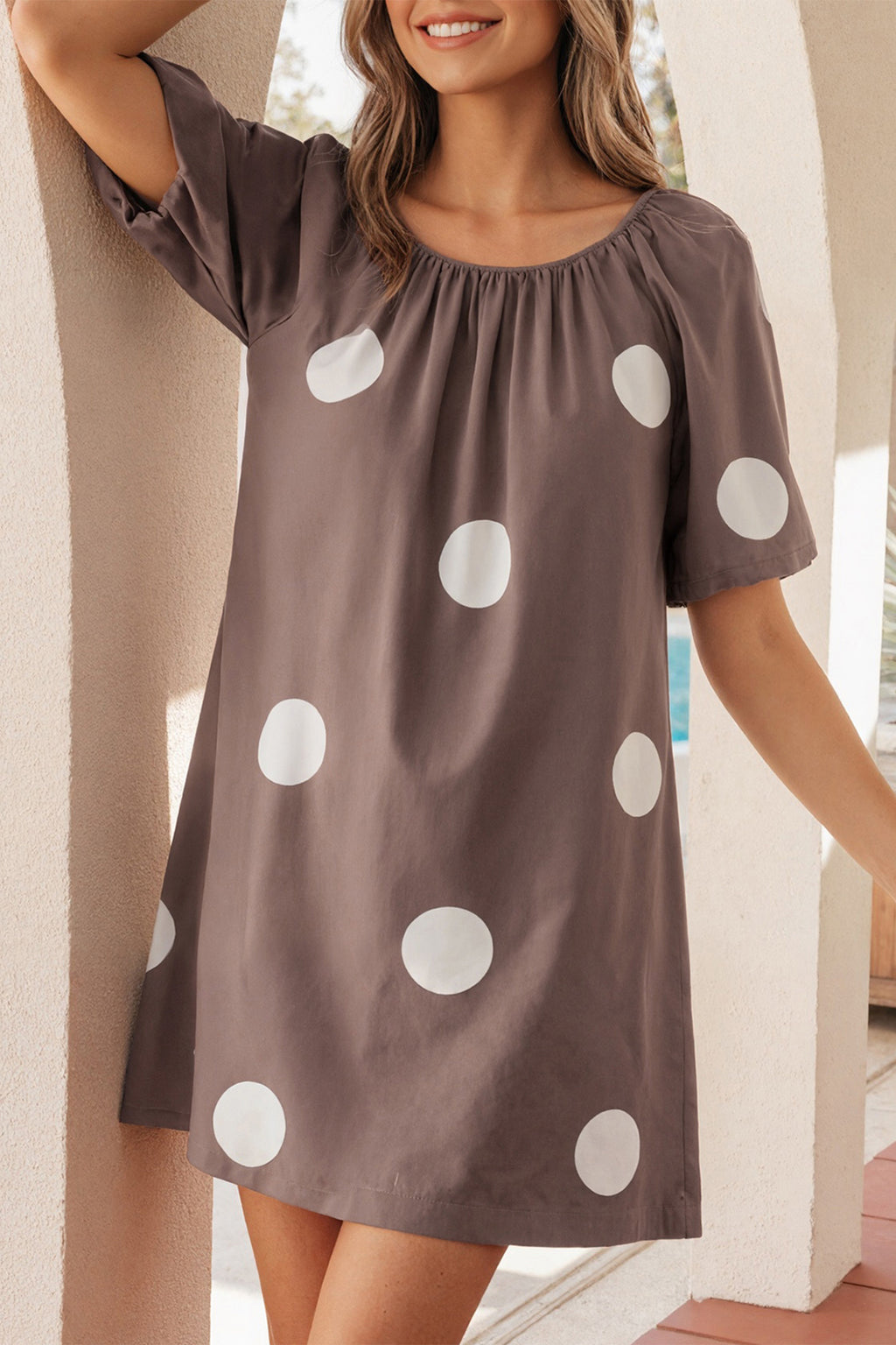 Brown Polka Dot Print Knot Back Mini Dress