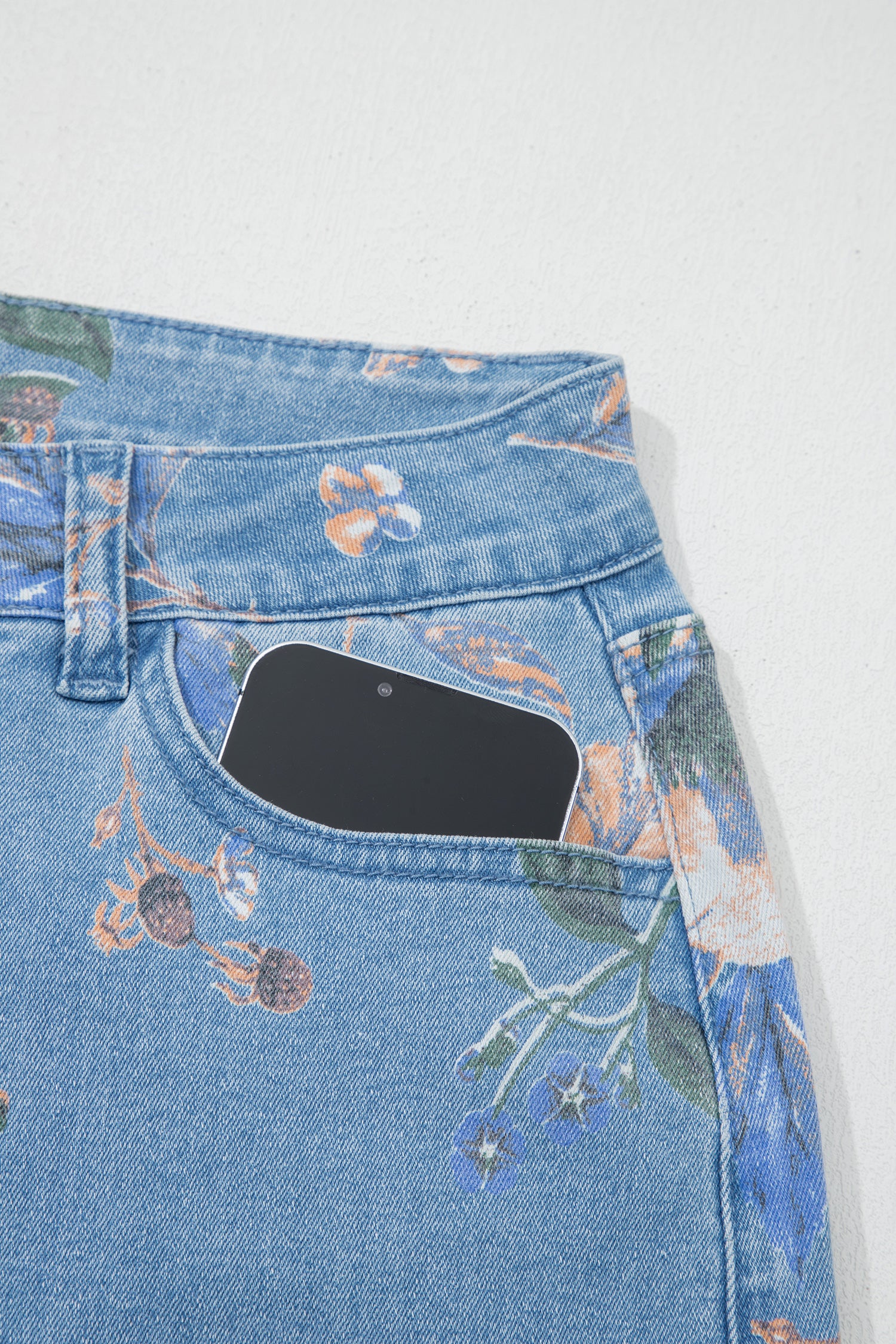 Sky Blue Retro Floral Print Jeans