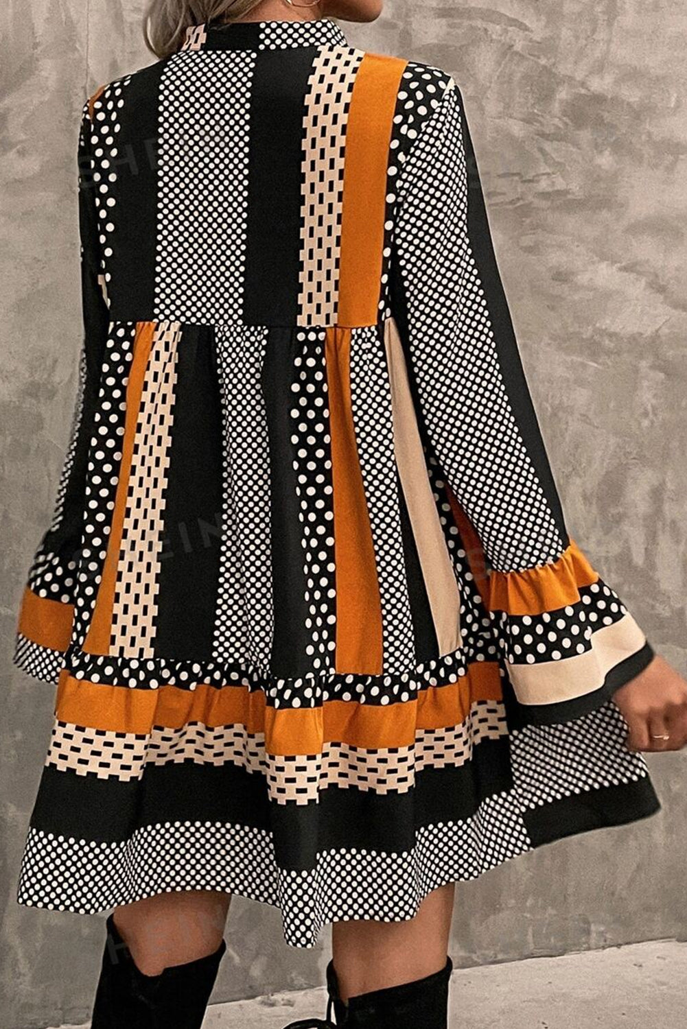 Black Striped Polka Dot Print Ruffled Mini Dress