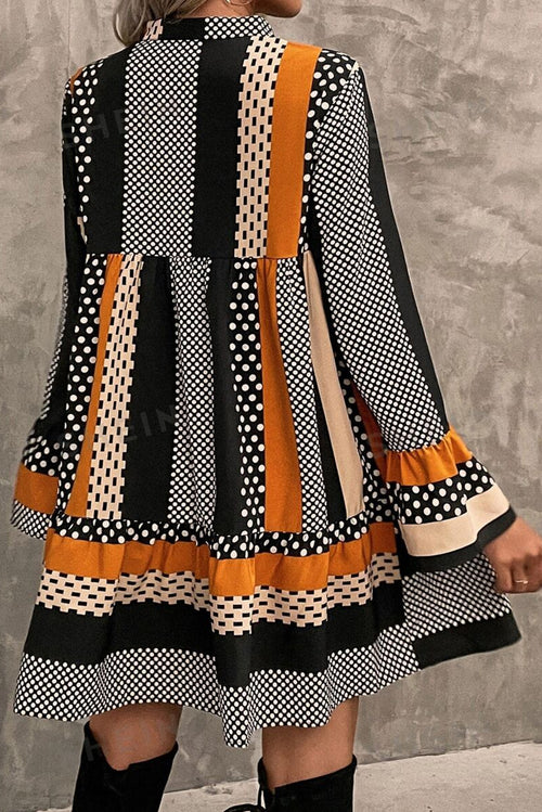Black Striped Polka Dot Print Ruffled Mini Dress