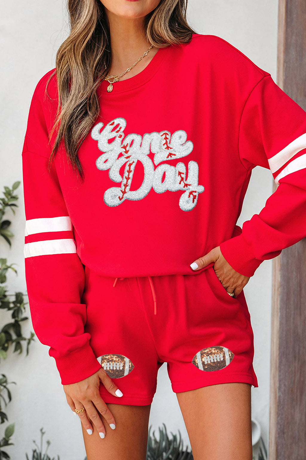 Fiery Red Glitter Game Day Football Graphic Two-Piece Set