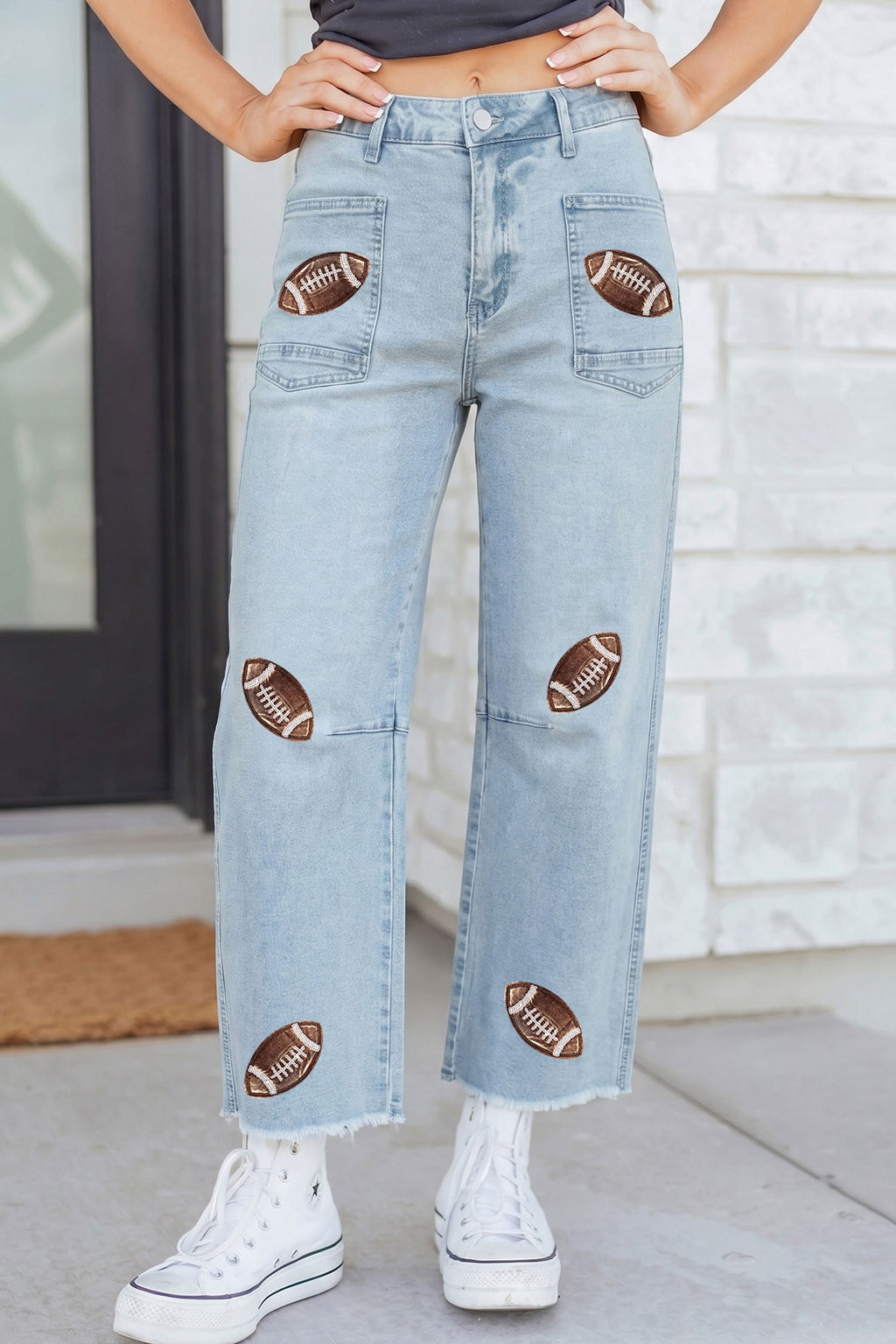 Beau Blue Sequin Detail Patched Rugby Pattern Jeans