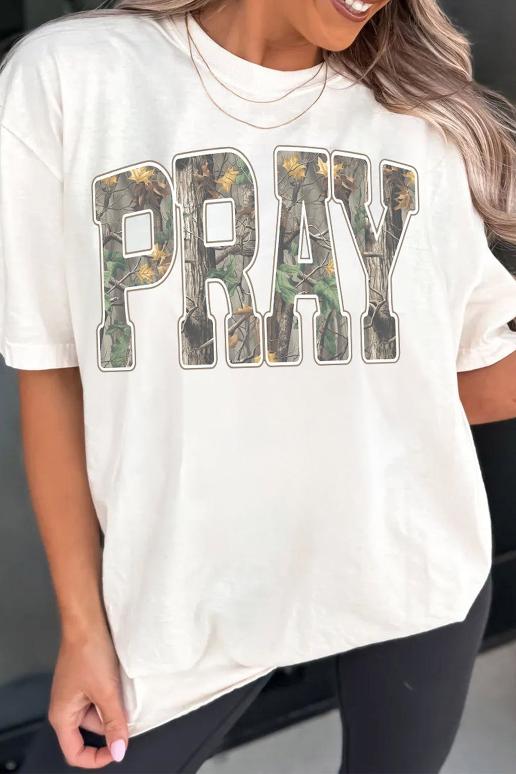 White PRAY Camo Letter Print Round Neck T Shirt