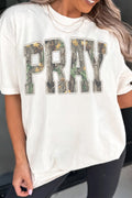 White PRAY Camo Letter Print Round Neck T Shirt