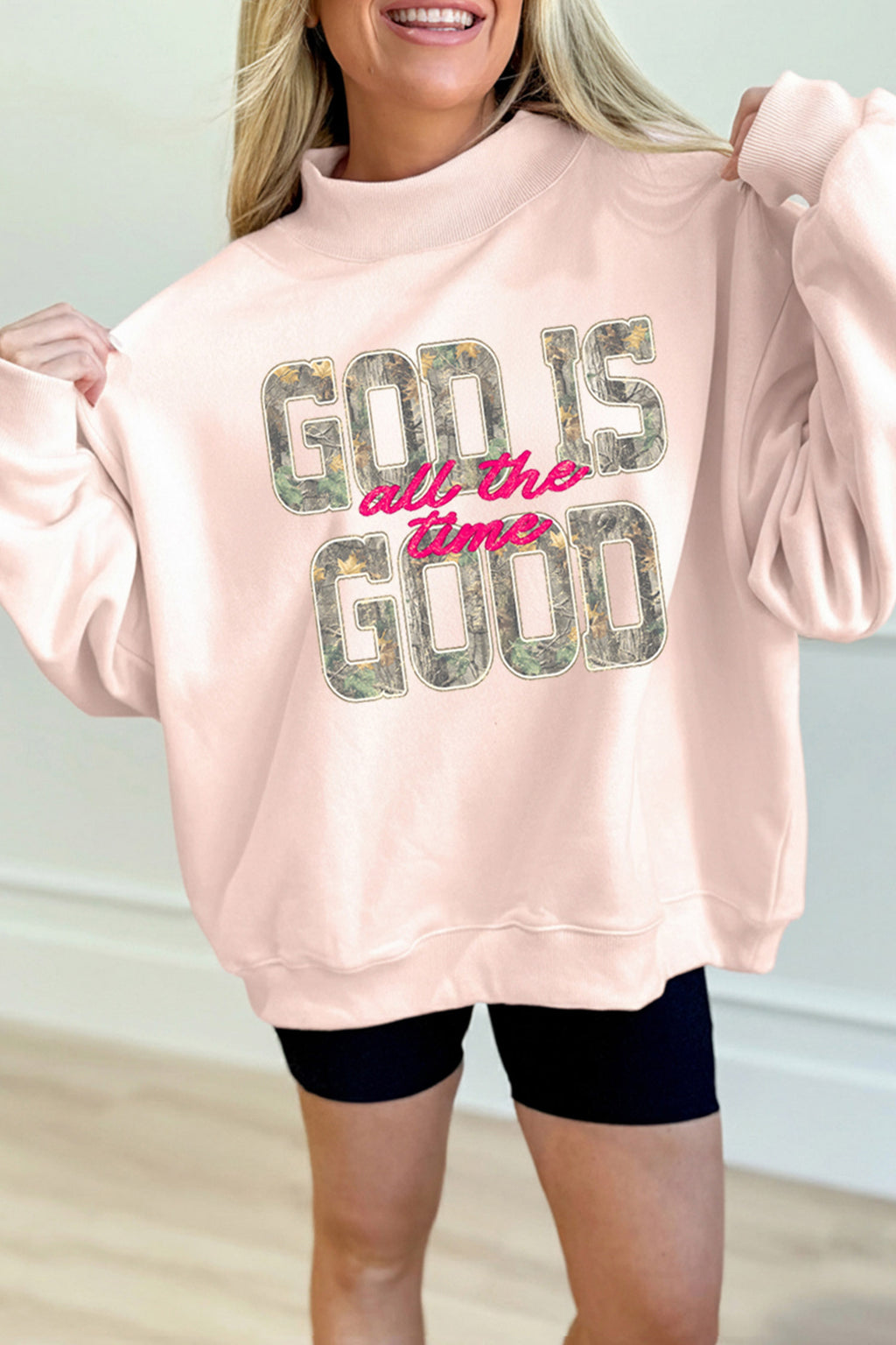 Apricot Pink Camo Print Letter Graphic Sweatshirt