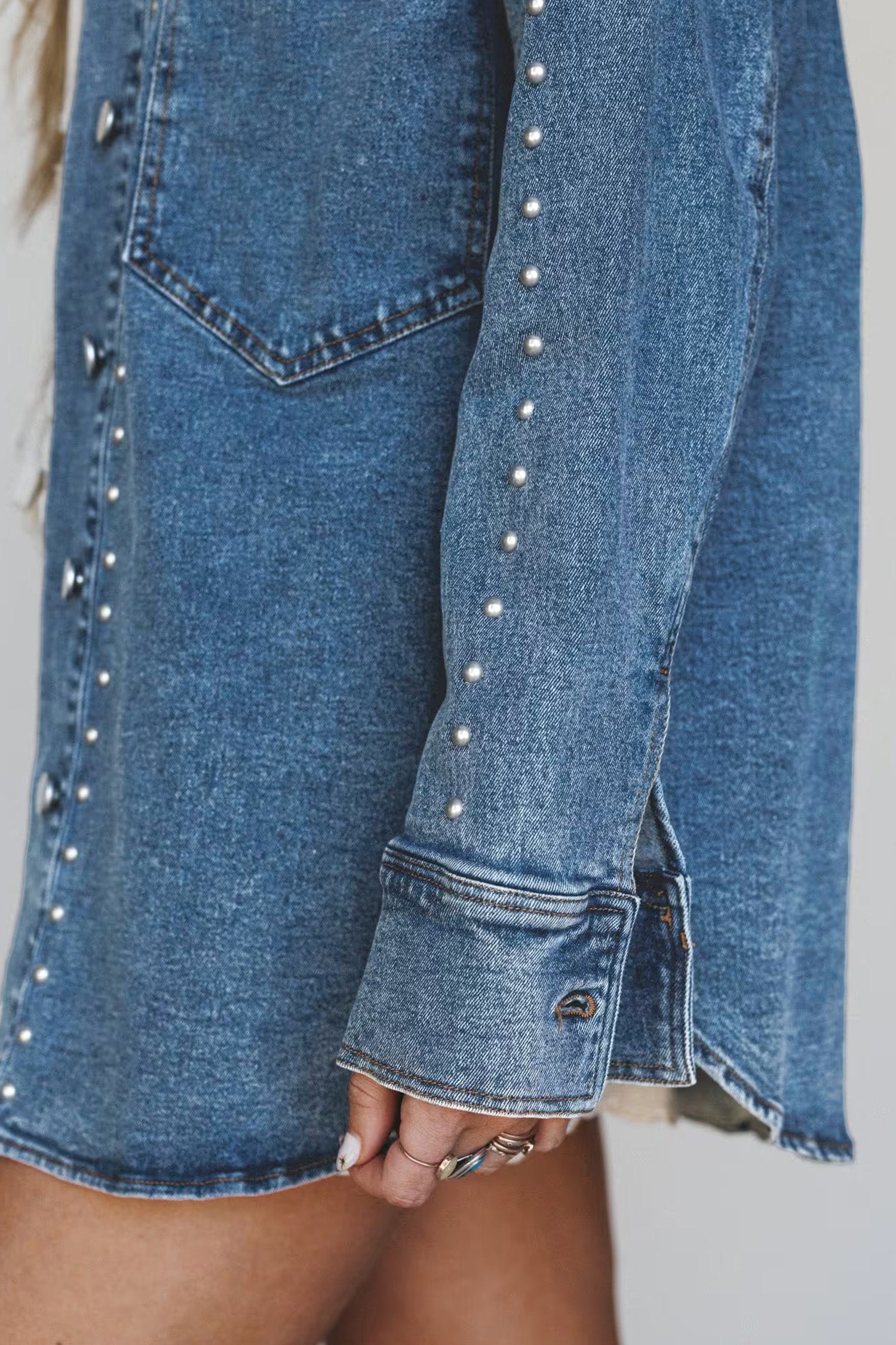 Sail Blue Rivet Embellished Western Style Long Sleeve Denim Jacket