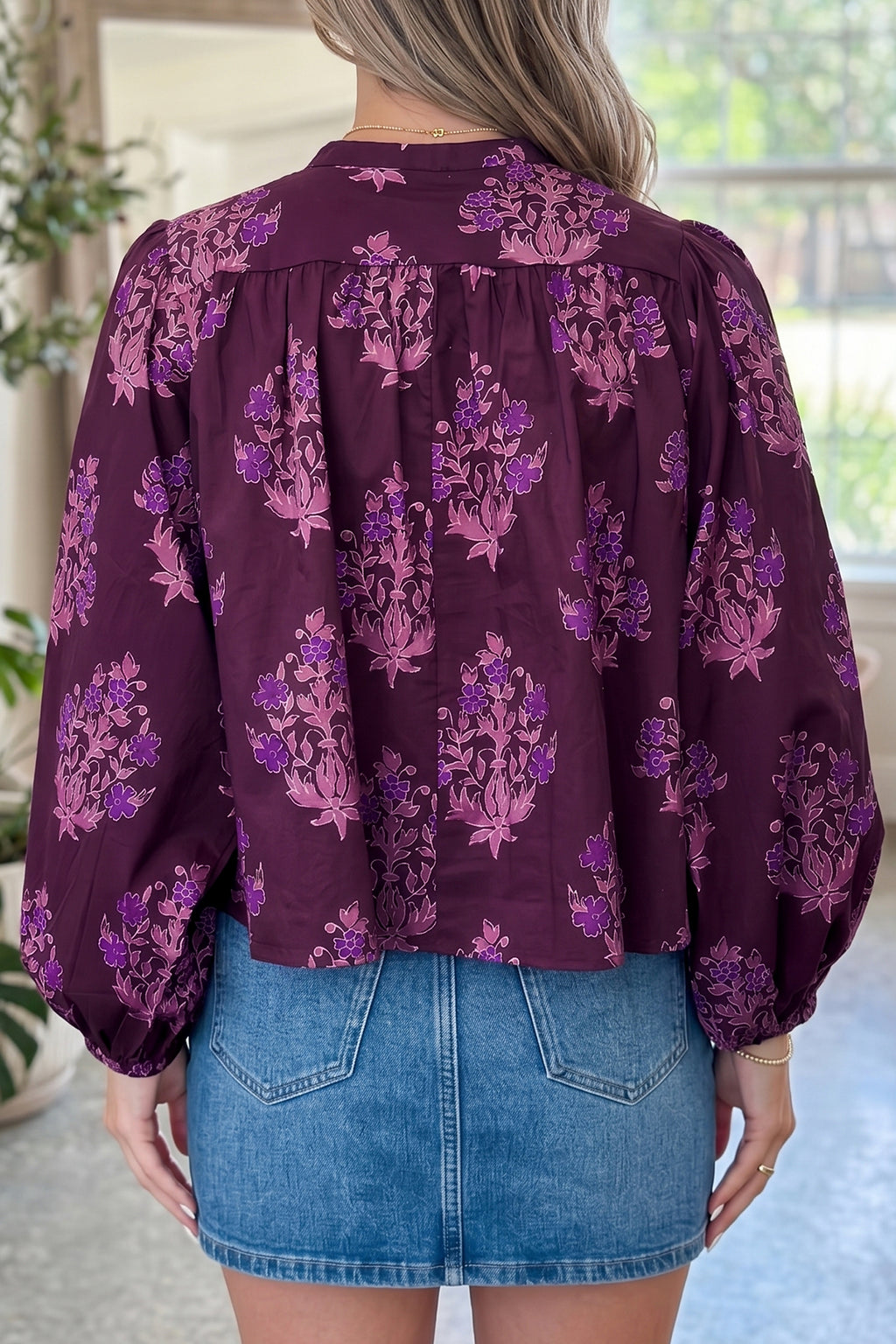 Purple Floral Print Long Puff Sleeve Shirt