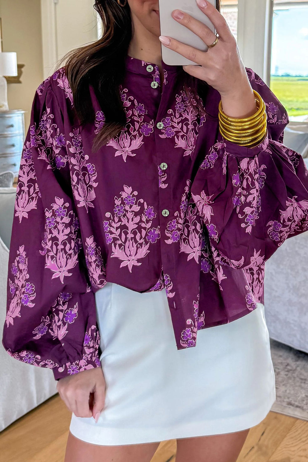 Purple Floral Print Long Puff Sleeve Shirt