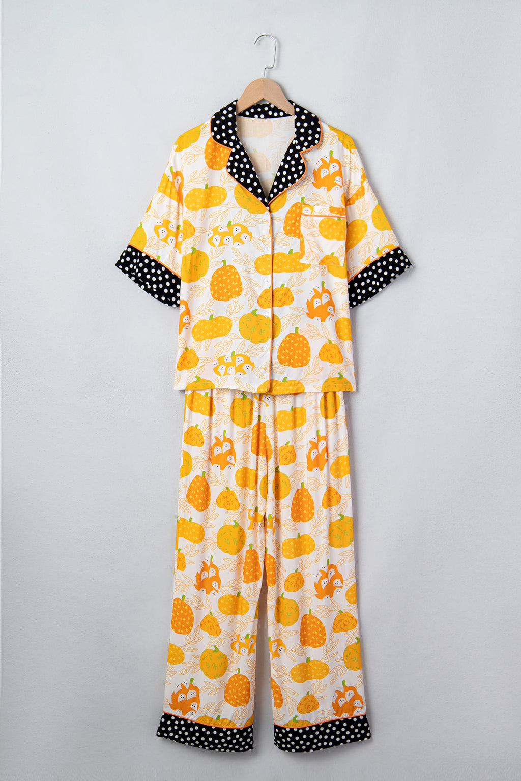 Orange Short Sleeve Pumpkin Print Polka Dot Trim Lounge Set