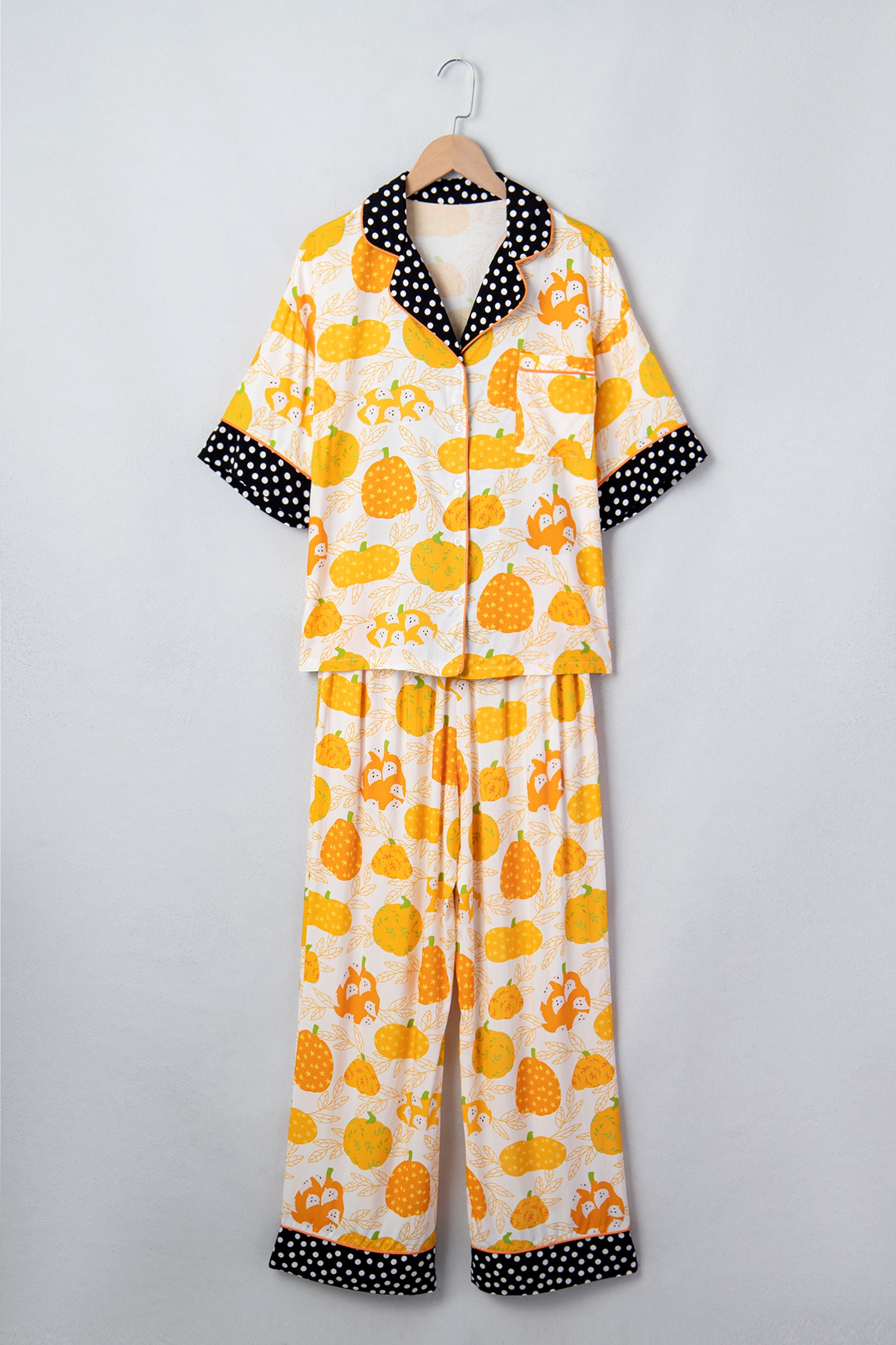 Orange Short Sleeve Pumpkin Print Polka Dot Trim Lounge Set