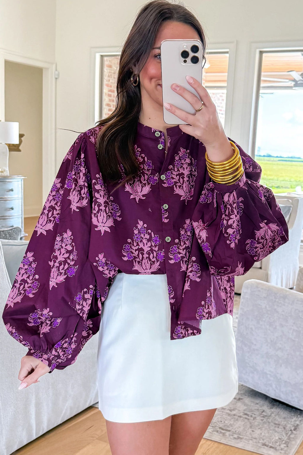 Purple Floral Print Long Puff Sleeve Shirt