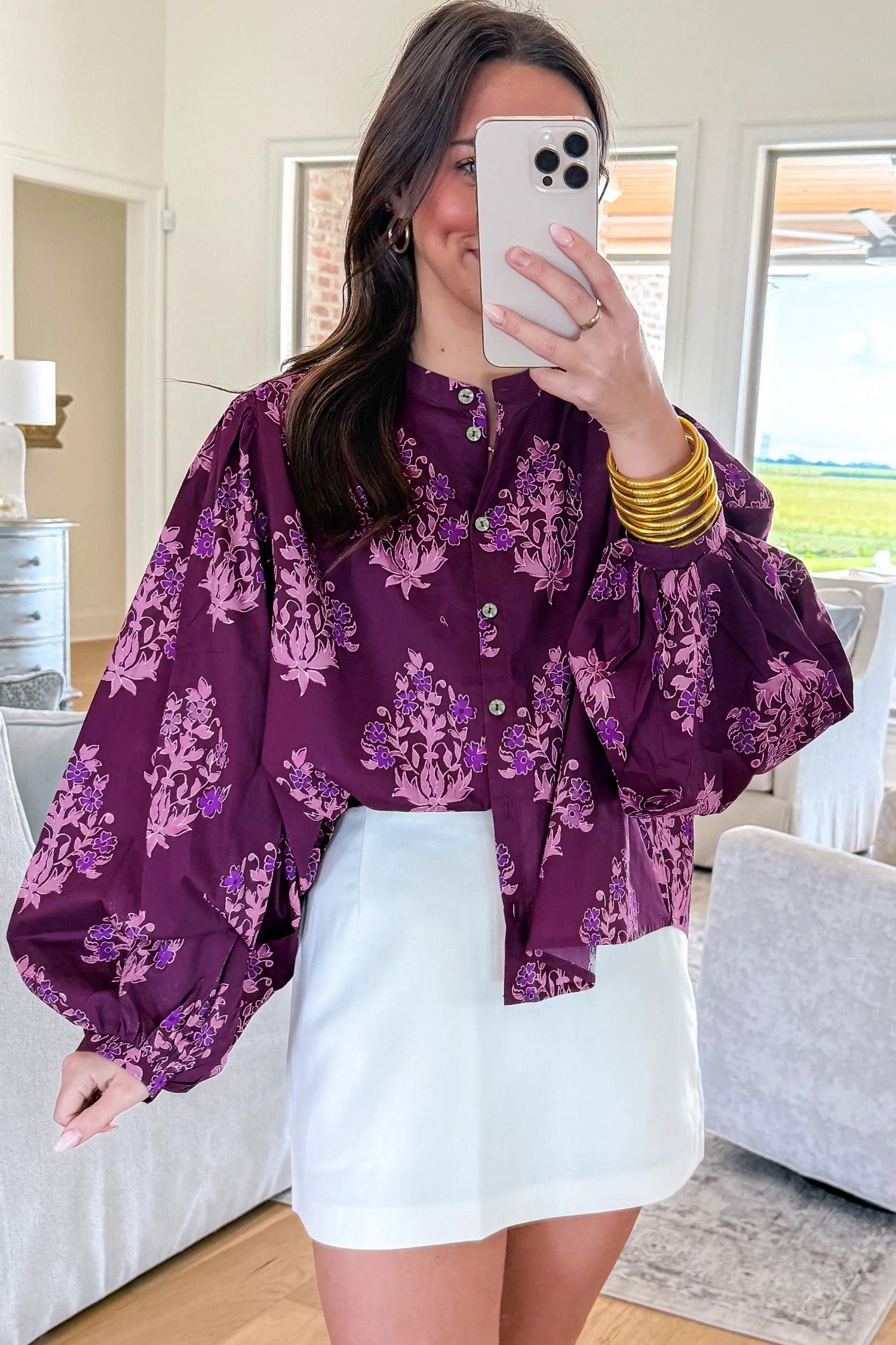 Purple Floral Print Long Puff Sleeve Shirt