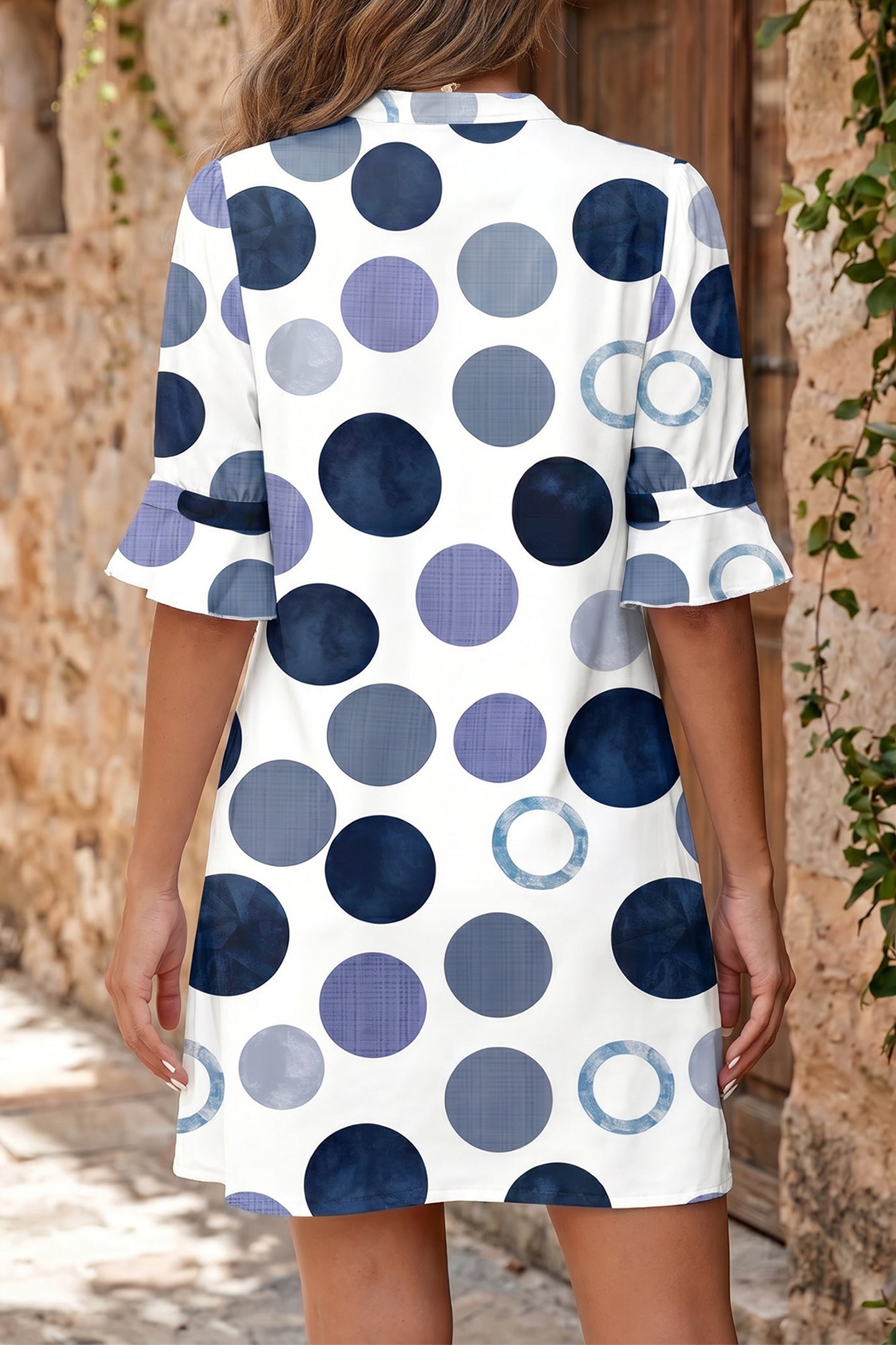 Green Polka Dot Print Flounced Half Sleeve Mini Dress