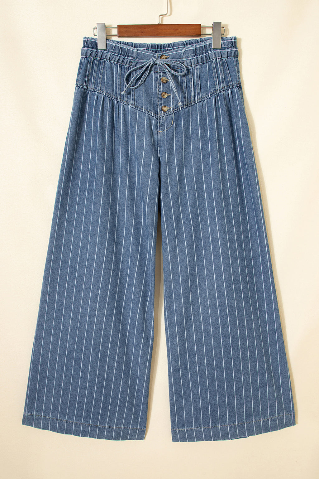 Sky Blue Stripe Button Pleated Drawstring Leg Jeans