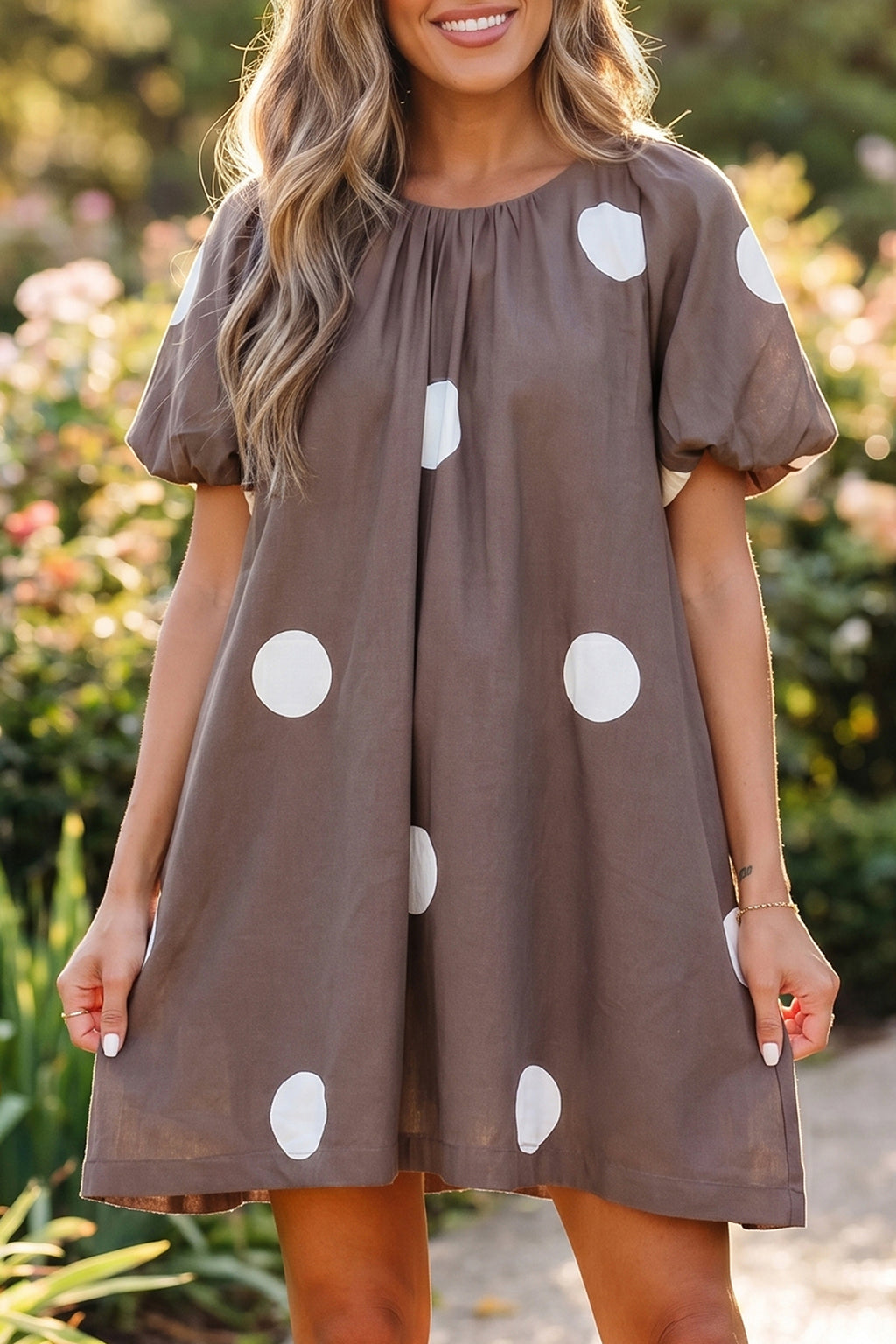 Brown Polka Dot Print Knot Back Mini Dress