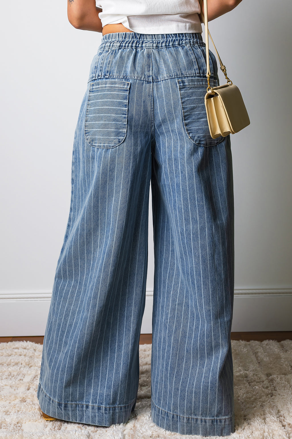 Sky Blue Stripe Button Pleated Drawstring Leg Jeans