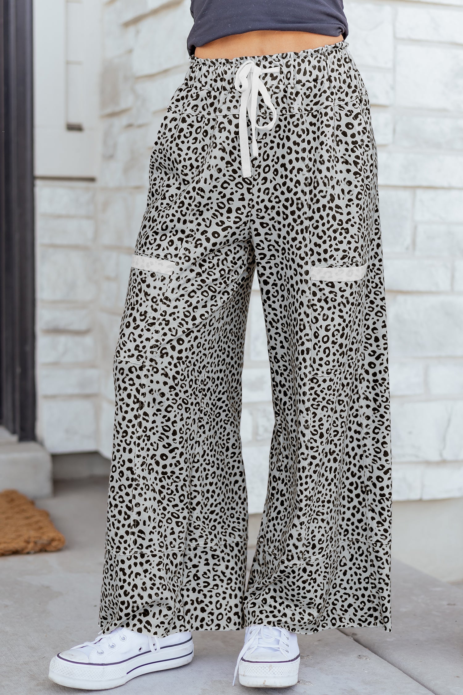 Khaki Animal Print Wide Leg Terry Knit Pants