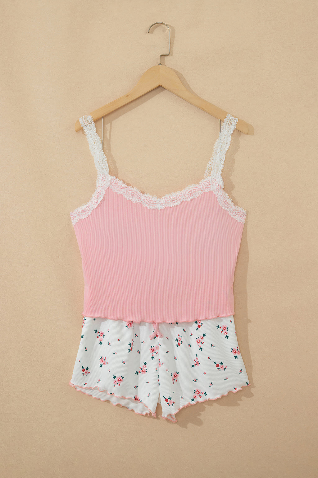 Pink Ribbed Knit Lace Straps Patchwork Lettuce Hem Cropped Top Floral Short Lounge Set