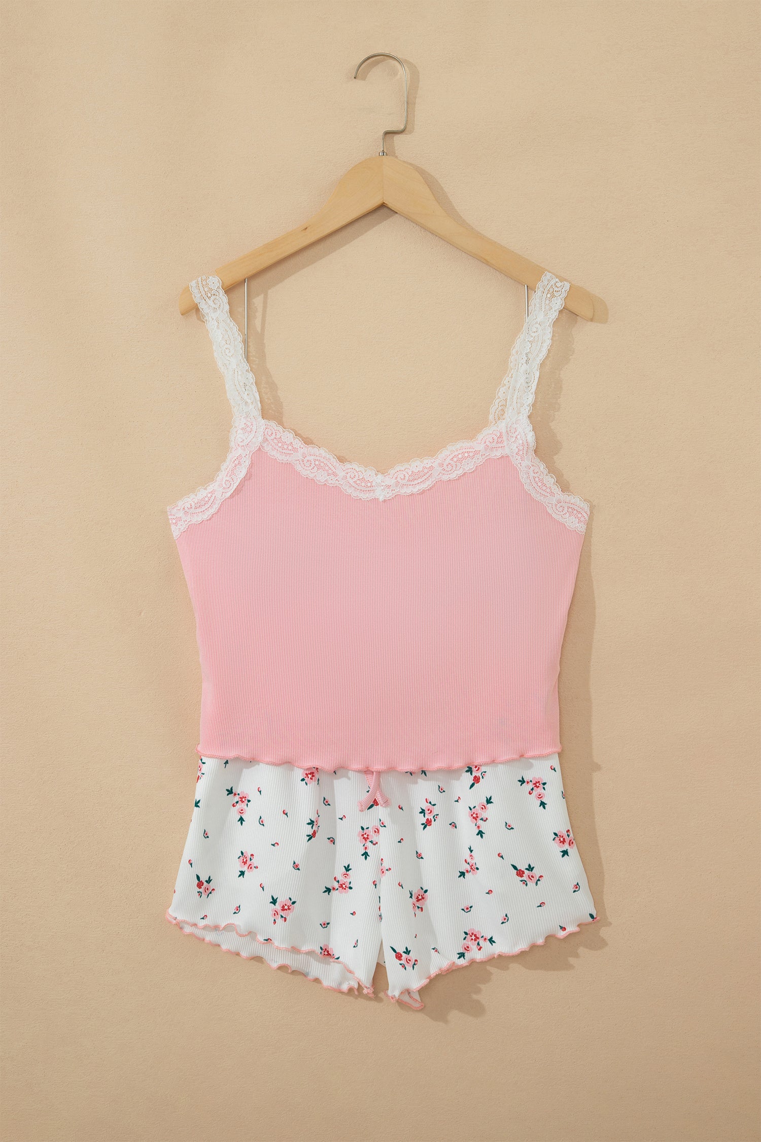 Pink Ribbed Knit Lace Straps Patchwork Lettuce Hem Cropped Top Floral Short Lounge Set