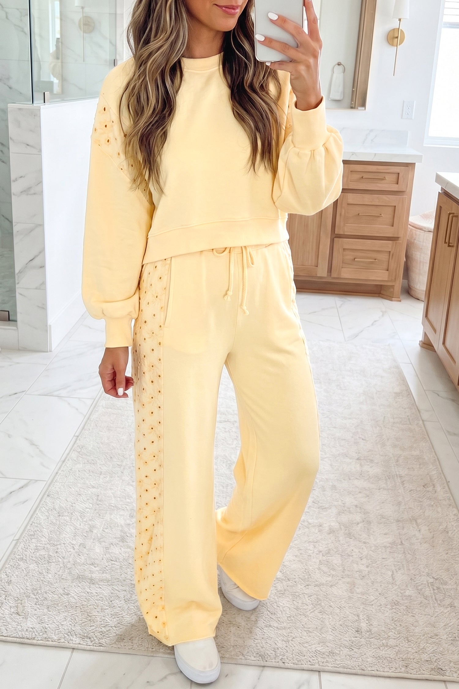 Yellow Cream Eyelet Embroidered Lace Patchwork Pants Set