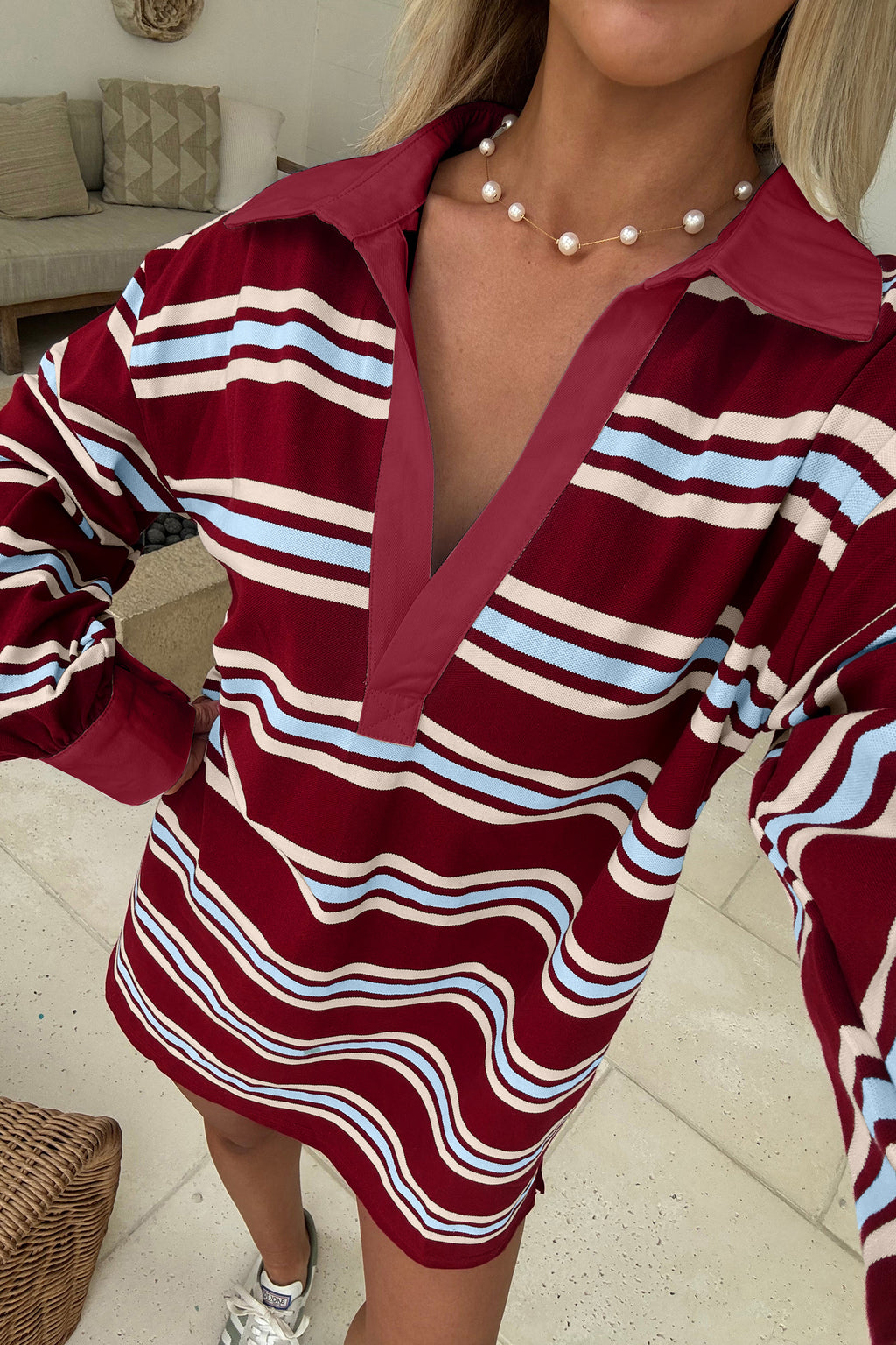Red Stripe Retro Polo Collar Long Sleeve Mini Dress