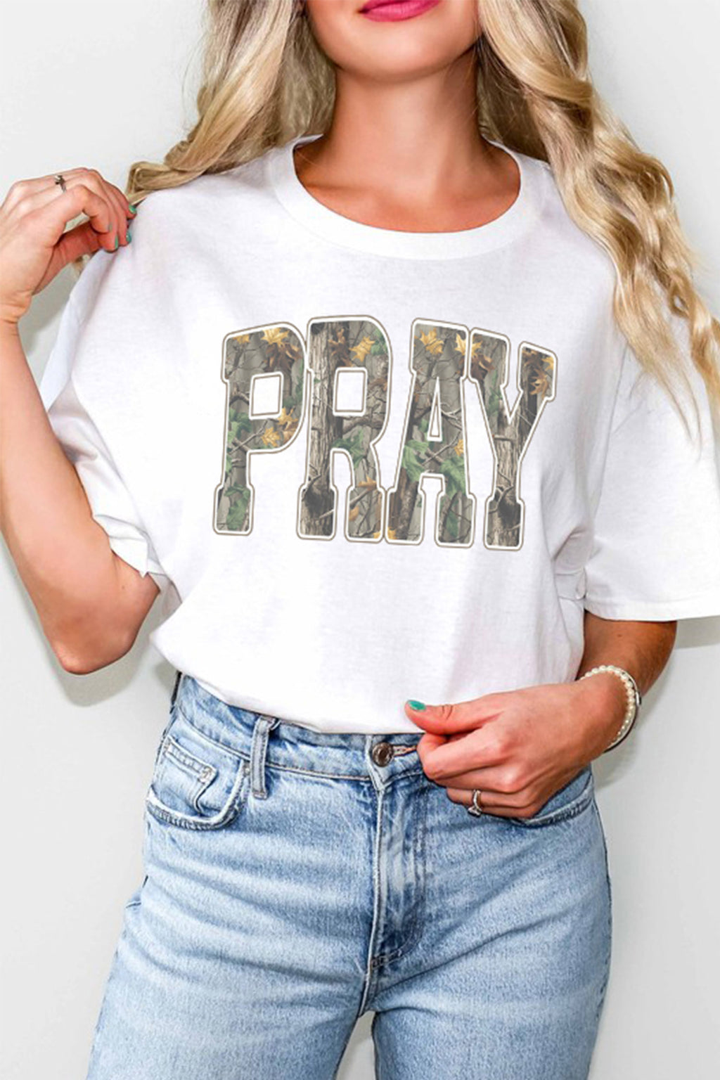 White PRAY Camo Letter Print Round Neck T Shirt