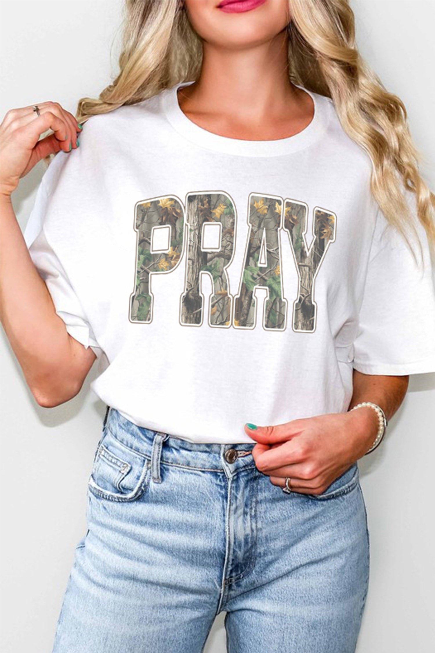 White PRAY Camo Letter Print Round Neck T Shirt